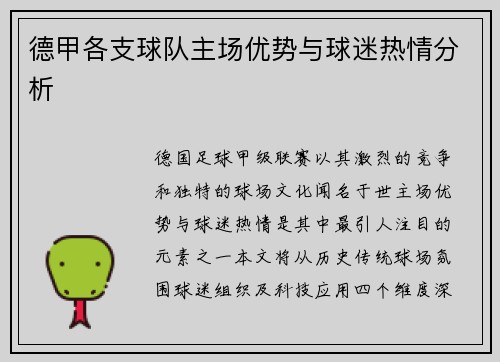 德甲各支球队主场优势与球迷热情分析