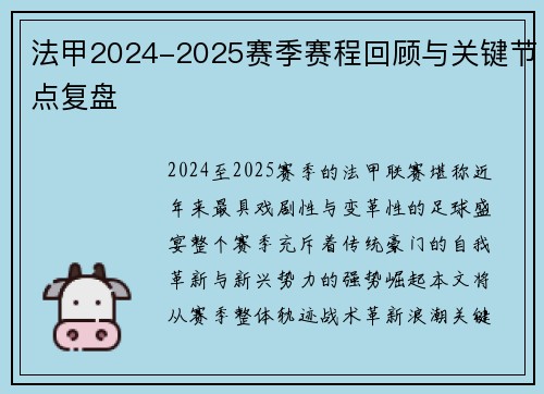 法甲2024-2025赛季赛程回顾与关键节点复盘