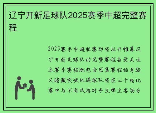 辽宁开新足球队2025赛季中超完整赛程